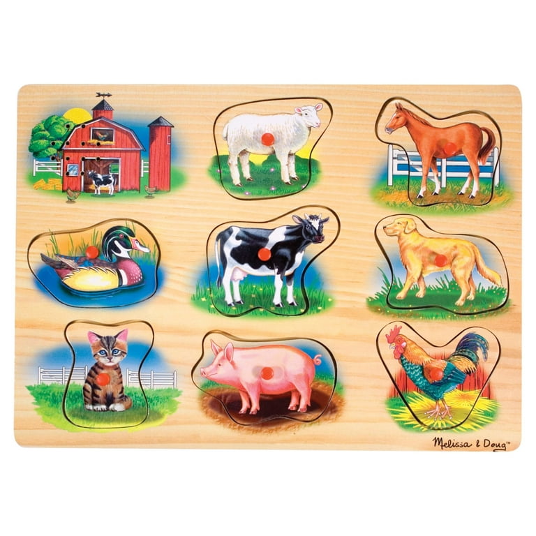 ExploraToy Farm Animals Sound Puzzle, Wooden Peg Puzzles with