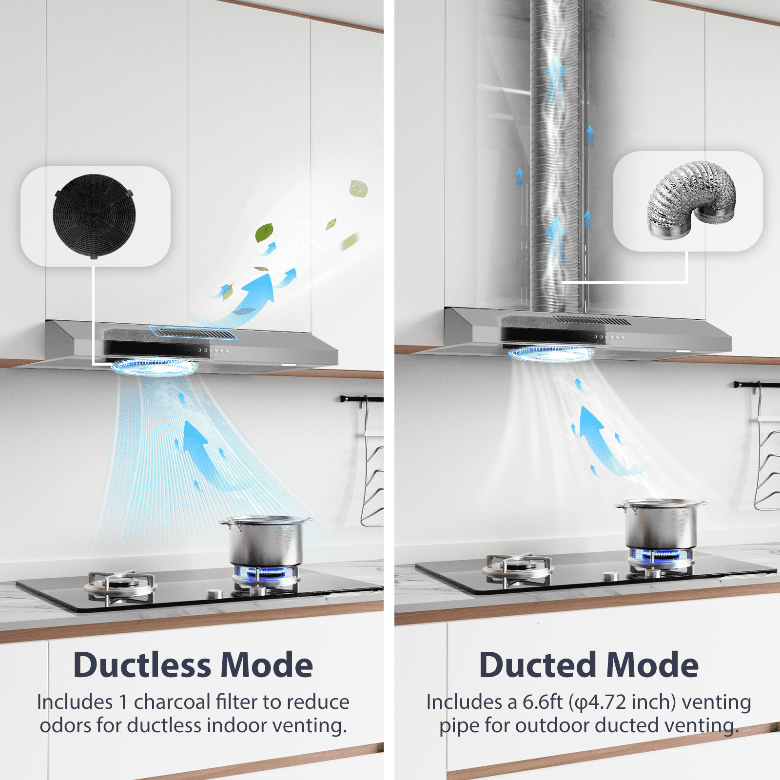Nardea 30 Inch Under Cabinet Range Hood, 300 CFM Brushed Stainless Steel Kitchen Exhaust Fan with 3-Speed Quiet Motor, Ducted/Ductless Convertible Stove Vent Hood with LED Lights and Filters