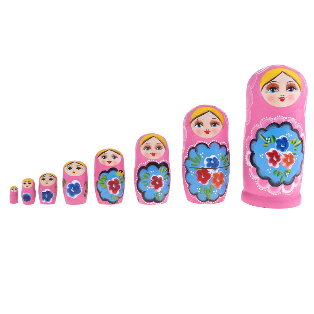 Simhoa Pink Flower Girls Printed Russian Nesting Dolls Babushka Matryoshka Kids Wooden 