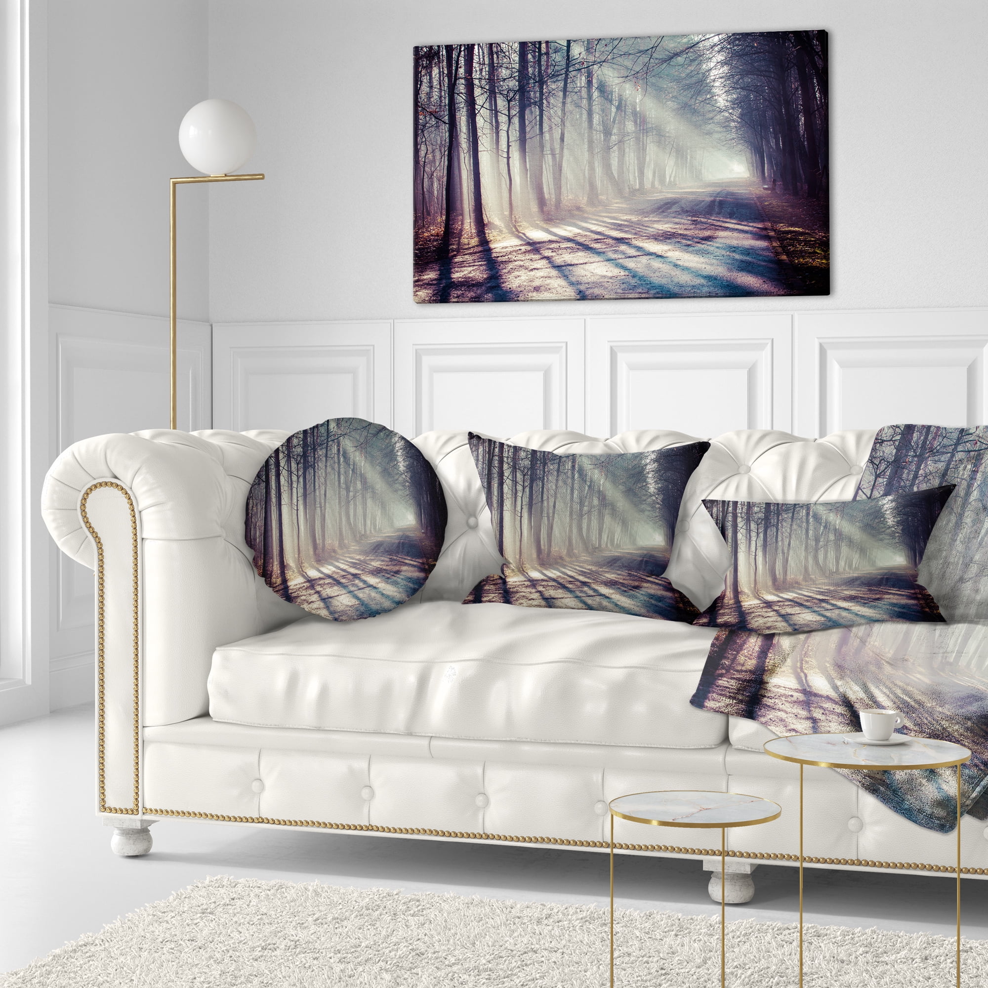 Designart Morning Sunbeams to Forest Road - Landscape Photography Throw Pillow - 12x20