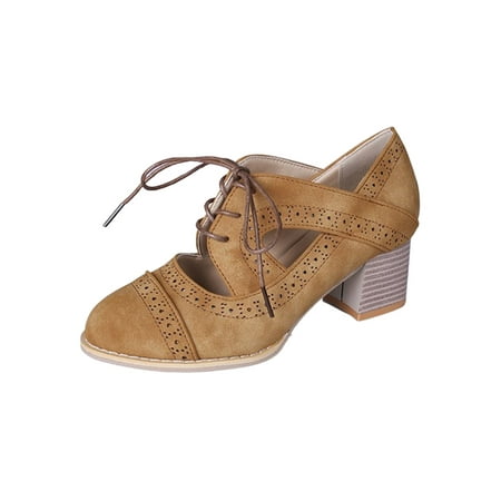 

Eloshman Womens Lightweight Block Pump Walking Chunky Brogues Formal Retro Lace Up Brogue Pumps