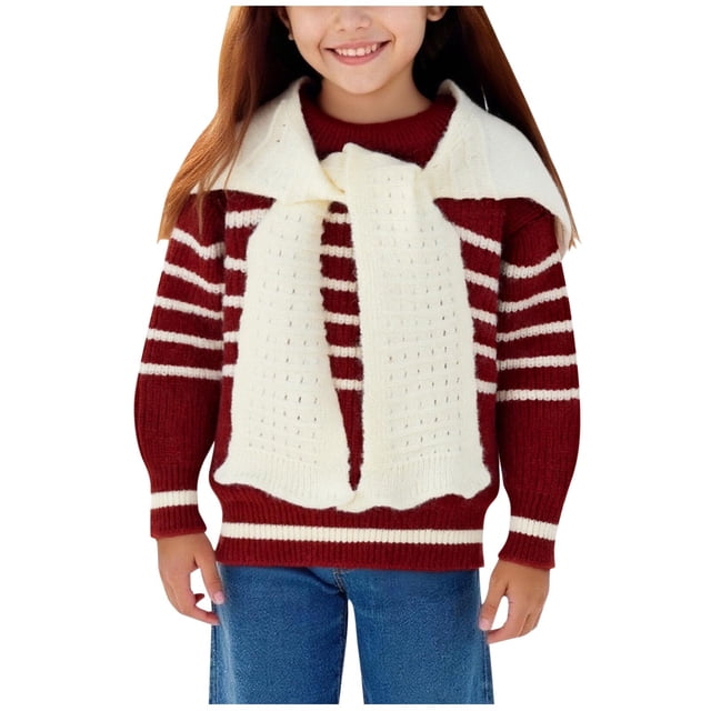 Blusas y camisas de cuello redondo y manga larga para niñas y niños Otoño e Invierno Suéter de punto de manga larga con diadema a rayas y chal Top de poliéster para niños