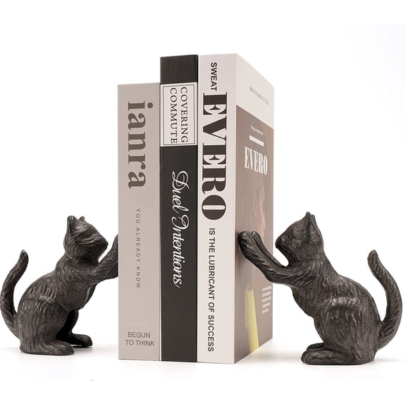 Cat Decorative Bookends, Unique Book Ends to Hold Books Heavy Duty for Office Desk, Vintage Antique Black Home Decor, Shelf Decoration, Modern Living Room Decor