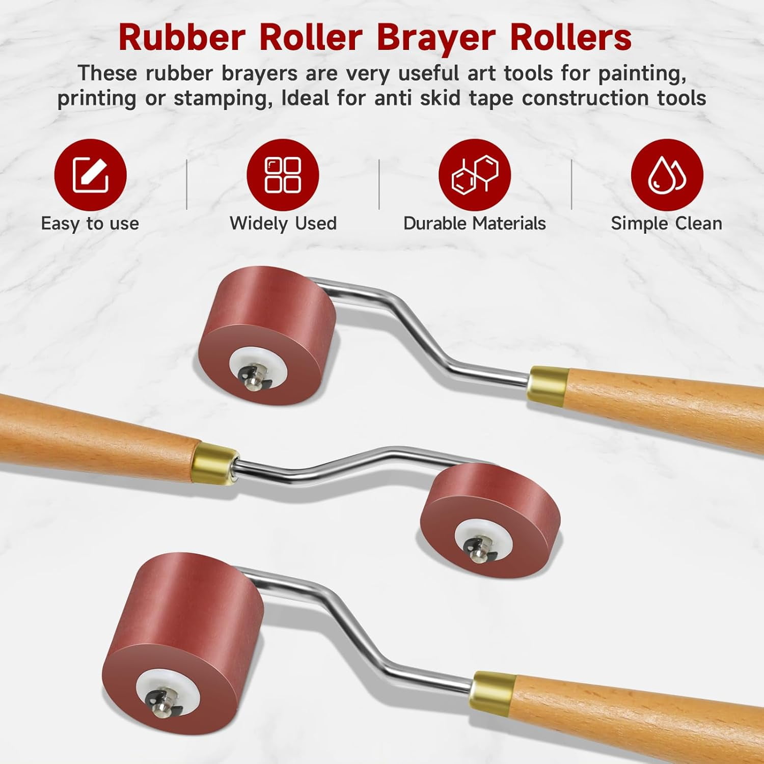 ABPETE 3pcs Rubber Rollers Brayer - Brayer Rollers for Crafting, Ink Roller Set with Comfort Grip for Printmaking, Crafts, and Stamping