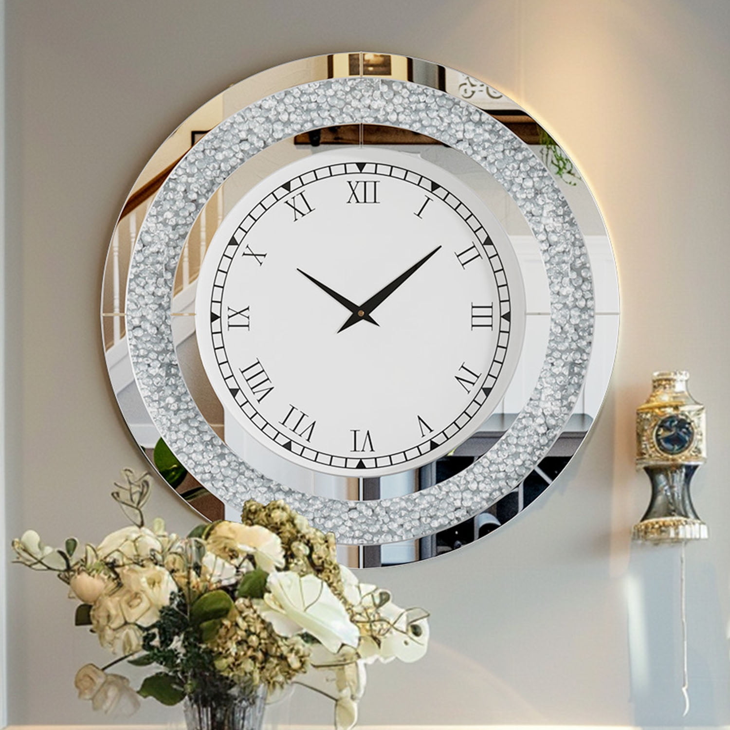LUVODI 24 inch Rround Crushed Diamond Wall Clock Silver Beveled Mirrored Clock for Wall Living Room Decor