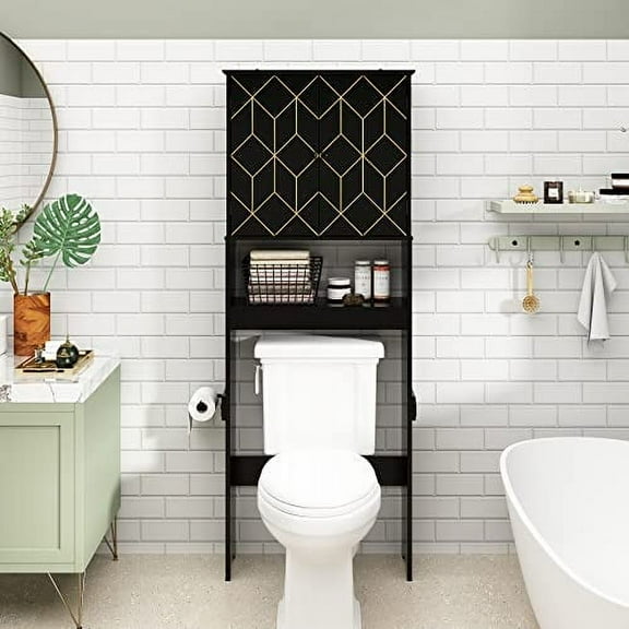Over The Toilet Storage Cabinet with Gold Trim, Modern Bathroom Organizer Over Toilet with Adjustable Shelves and Toilet Paper Holder for Bathroom (Black)