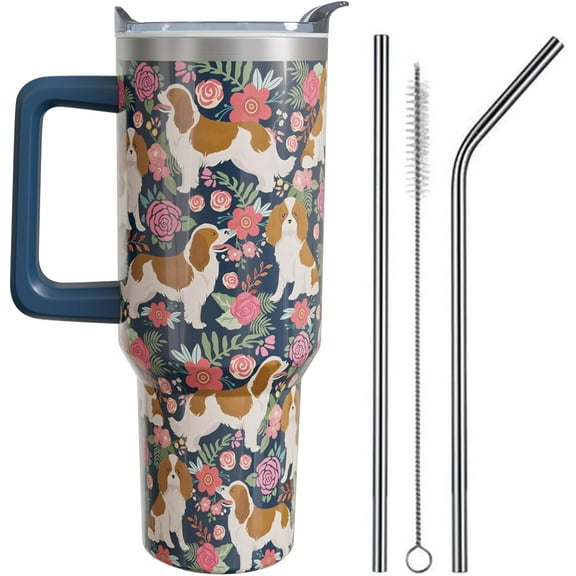 Cavalier King Charles Spaniel Gifts for Women Dog Lovers 40 oz Floral Cavalier King Charles Spaniel Tumblers with Handle and Straw, Stainless Steel Vacuum Insulated Travel Coffee Mug Cup Water Bottle