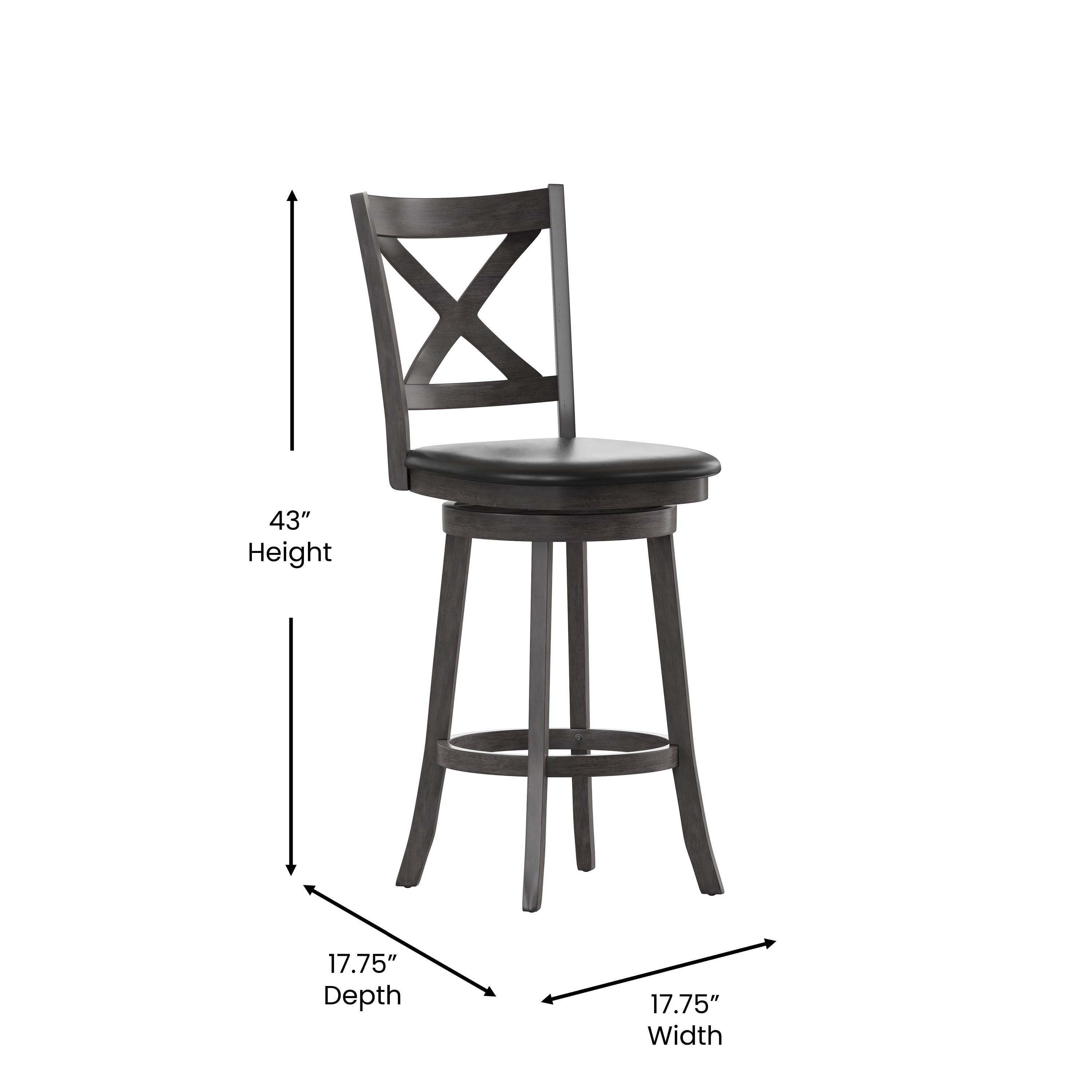 Merrick Lane 30" Gray Wash Walnut Classic Wooden Crossback Swivel Bar Height Pub Stool with Black Faux Leather Padded Seat and Integrated Footrest