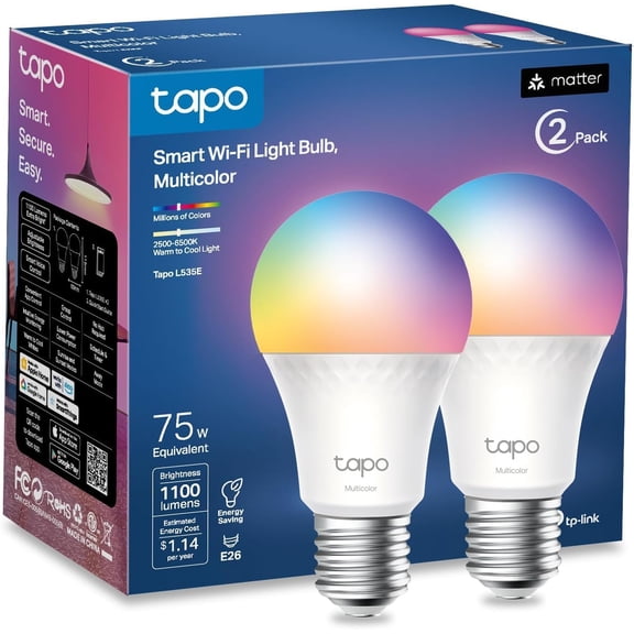 CERPXFF-TP-Link Smart Light Bulbs, 1100 Lumens High Brightness (75W Equivalent), Matter-Certified, 16M Colors WiFi Light Bulb, Dimmable, Works w/Siri, Alexa & Google Home, A19 E26, L535E(2-Pack)