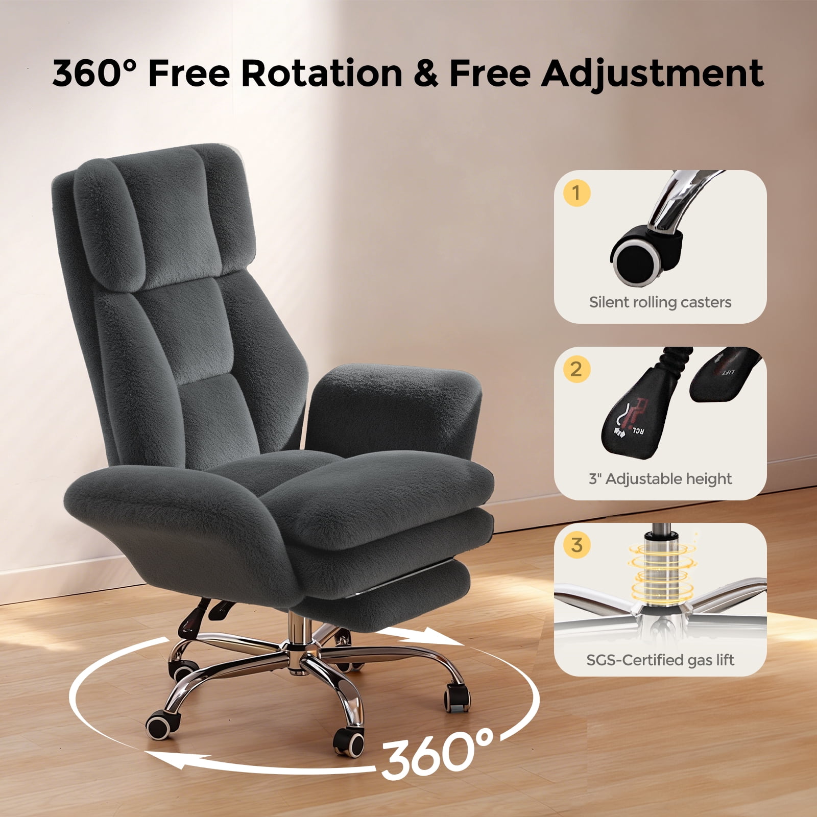 Patbrela Big and Tall Office Chair, Cloud Plush Swivel Desk Chair with 6-Level Adjustable Armrests, Home Ergonomic Executive Office Chair for Work, Gaming, Gray