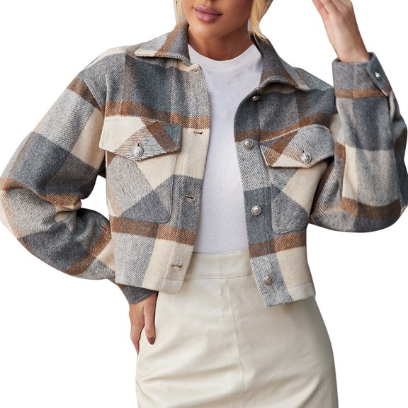 DHFJKG Woolen Crop Jackets For Women Plaid Long Sleeve Collared Button Down Jacket Autumn Winter Stylish Outerwear