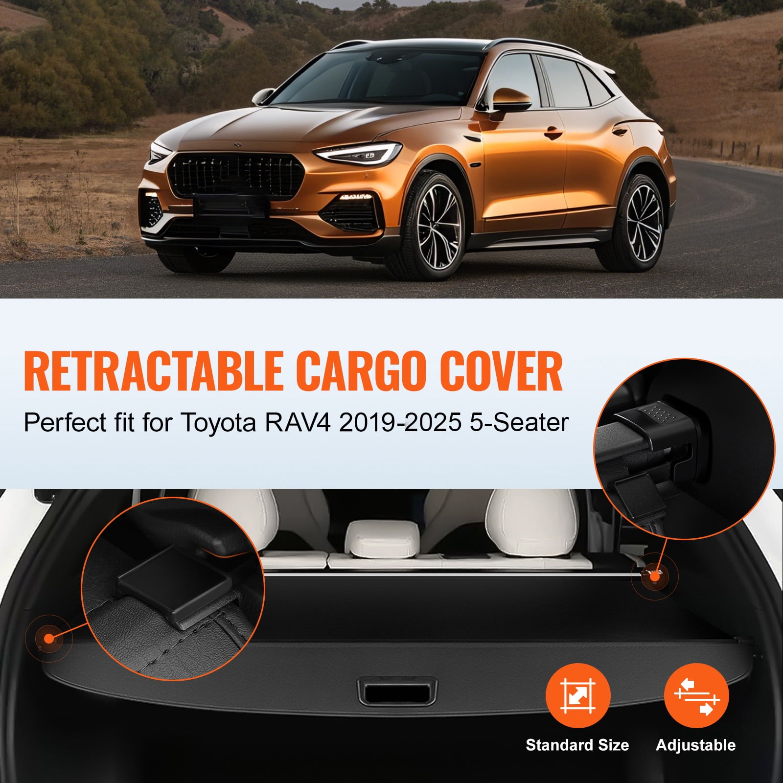 KFFKFF Retractable Trunk Cover for Toyota RAV4 2019-2025, Waterproof Security Shade for 5-Seater Models, UV-Resistant Rear Cargo Shield with Durable Aluminum Frame and PVC Leather Finish