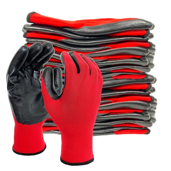 EvridWear 12 Pairs Lightweight Nitrile Coated Grip Work Gloves for Men Women Warehouse Mechanic, Red