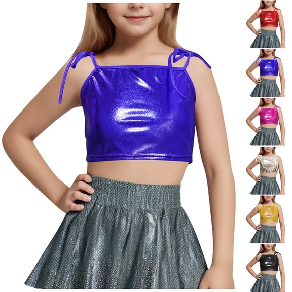 Bixock Toddler Girls Performance Top,Kids Dance Tank Tops,Children Shiny Metallic Solid Color Back Cami Tops for Girls Crew Neck Sleeveless Party Performance Summer Tops