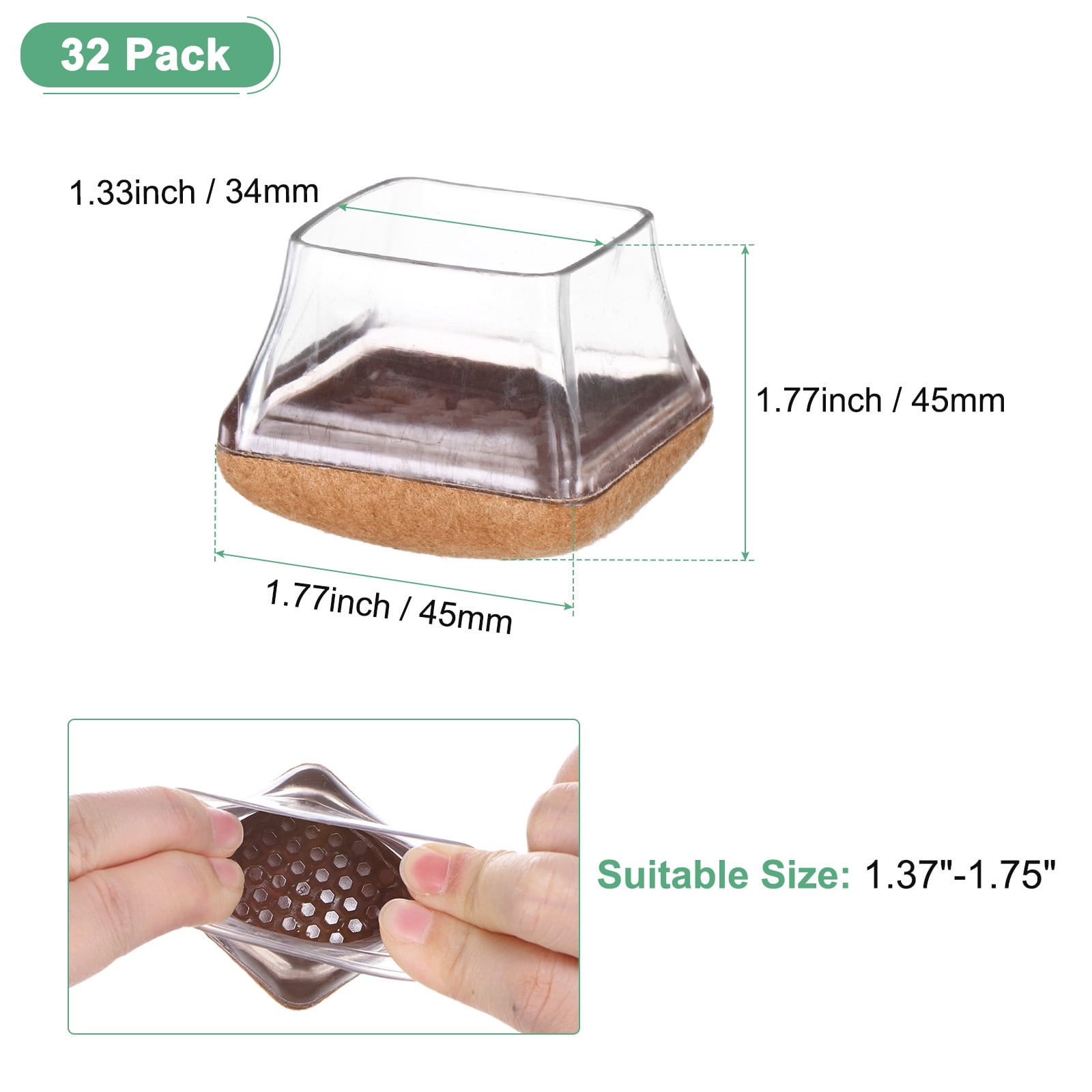 Uxcell 32-Pack Chair Leg Floor Protectors, 1.37"-1.75" Silicone Cups Square Felt Furniture Pads for Hardwood Floors/Tile Floors, Chair Leg Covers