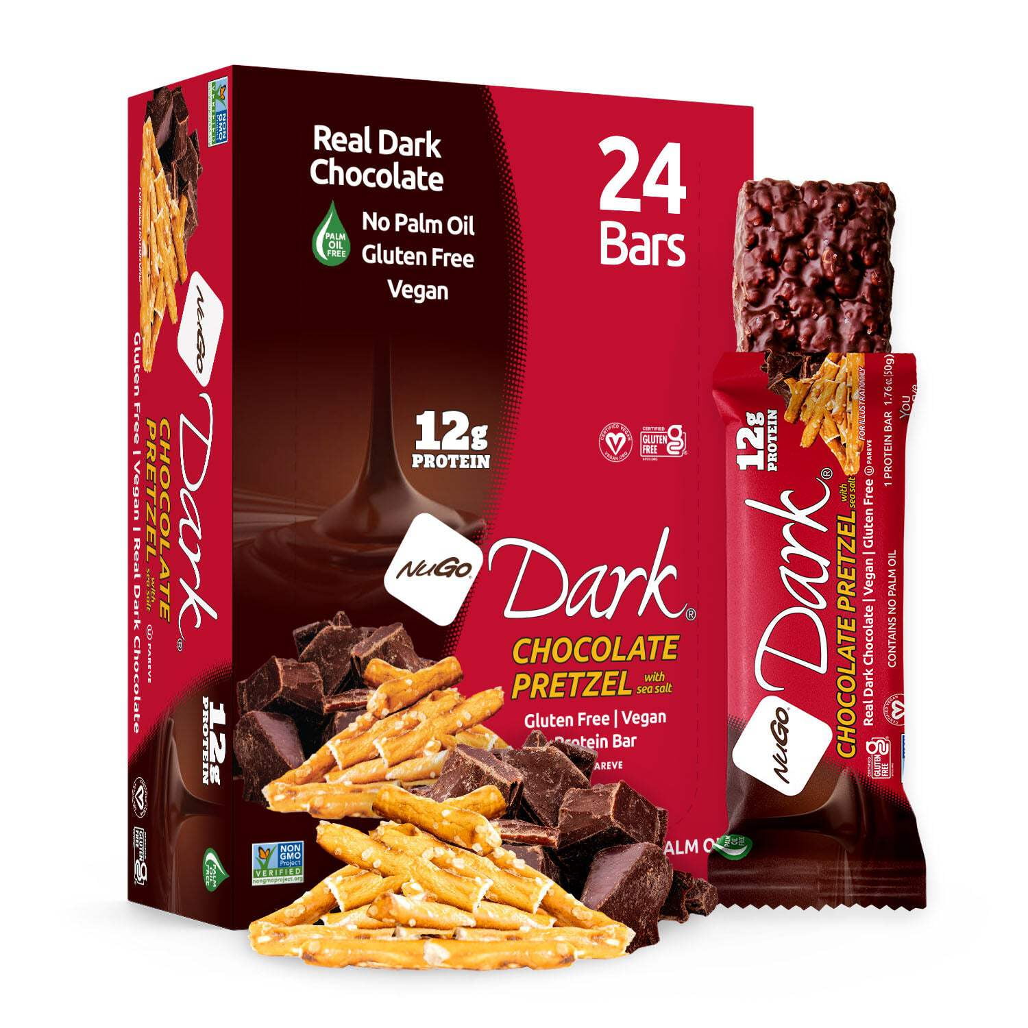NuGo Dark Chocolate Pretzel and Sea Salt, 12g Protein, Vegan, Gluten Free, Kosher Pareve, 24 Count