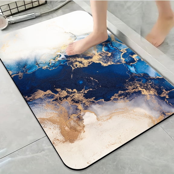 1pc Blue and Gold Abstract Marbling Bathroom Rug Bathroom Decor and Accessories- Durable,Anti Slip,And Quick Drying,Suitable For Indoor/outdoor Use - Perfect For Bathrooms,Bedrooms,Kitchens,Terraces
