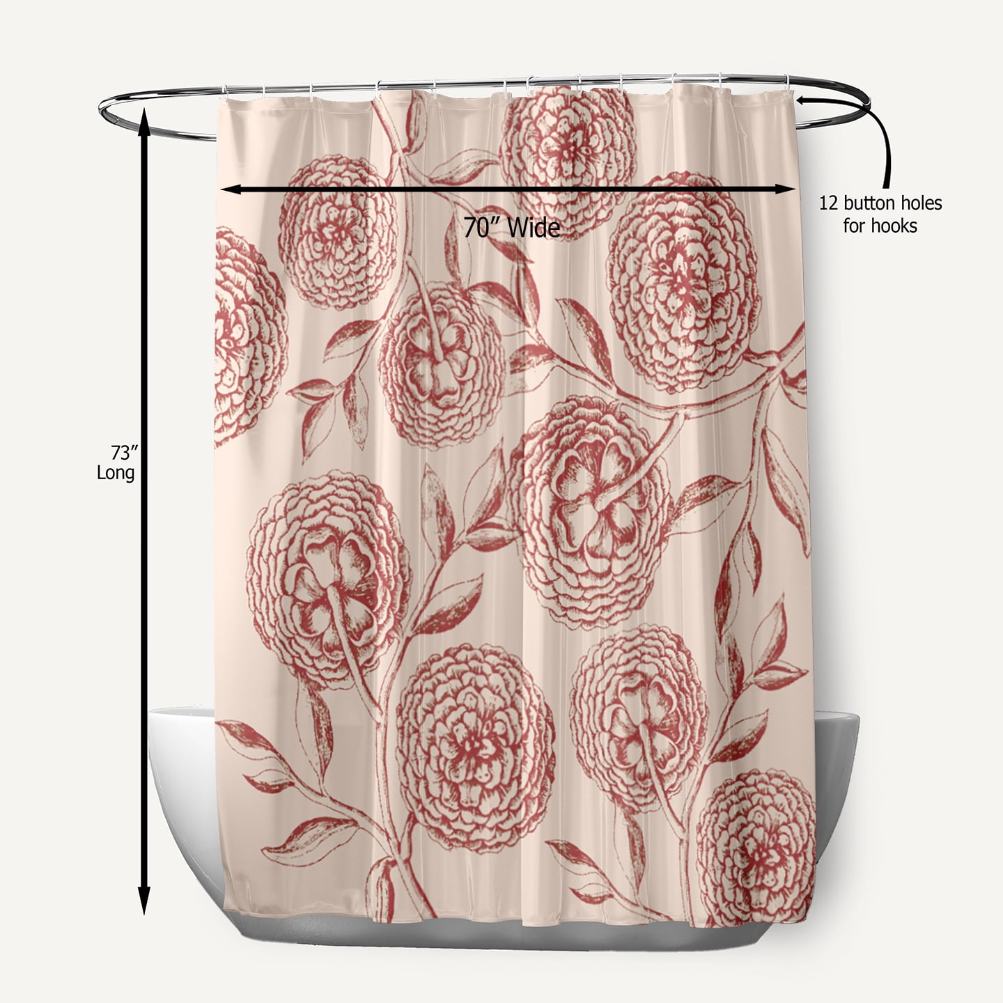 Simply Daisy 70" W x 73" L Antique Flowers Polyester Shower Curtain, Red [1 Ct]