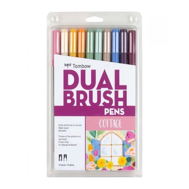Tombow 56216 - Marcadores artísticos de doble pincel, cabaña, paquete de 10 Rotuladores de punta fina y brocha