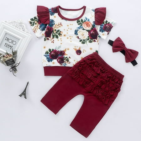 

Leutsin 3PCS Infant Kids Baby Girls s Flower Print Tops Shirt Pants Hairband Outfits