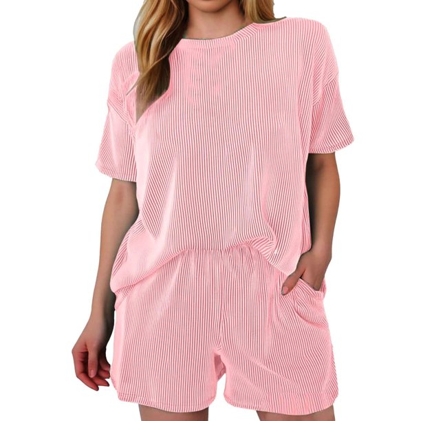 Conjunto de 2 piezas para mujer: top de cuello redondo y manga corta y pantalones cortos holgados