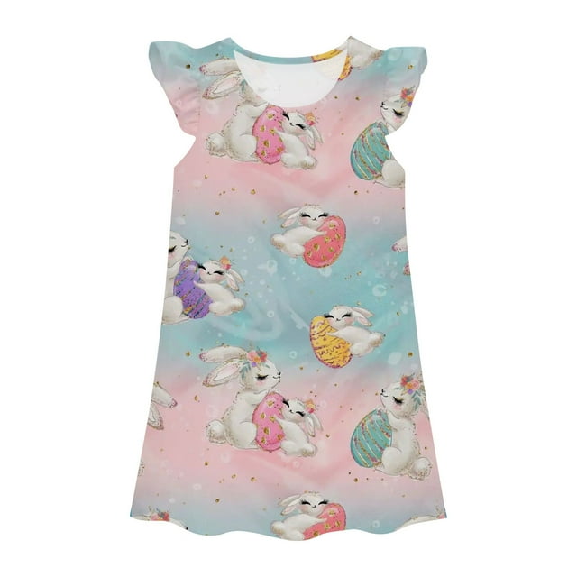 MIASHUI Robe de Princesse pour Filles, Chemises de Nuit pour Enfants Filles, Manches Volantées, Pyjama, Bleu Ciel, 5-6 Ans
