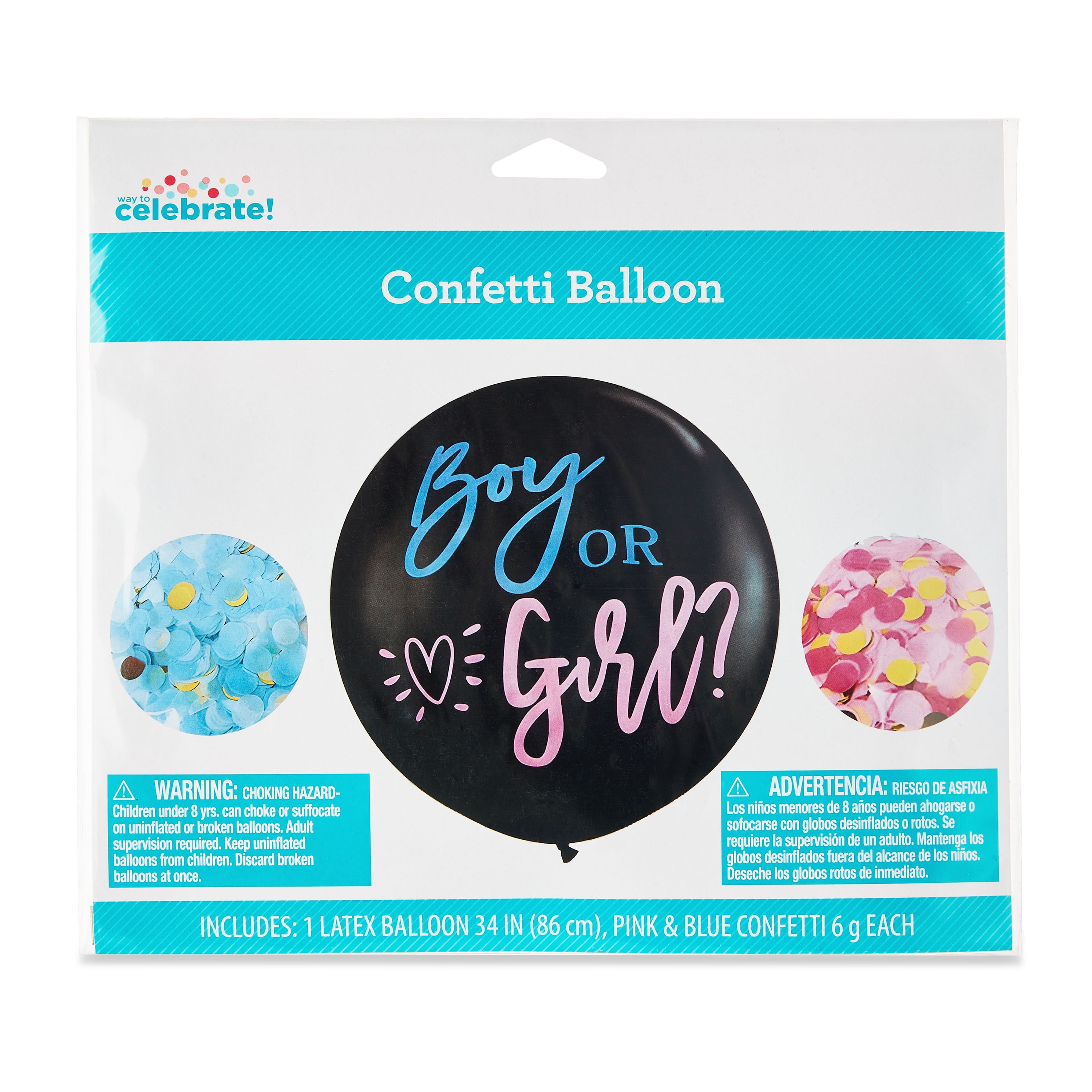 34" Boy or Girl Gender Reveal Black Latex Balloon with Blue or Pink Confetti, by Way To Celebrate