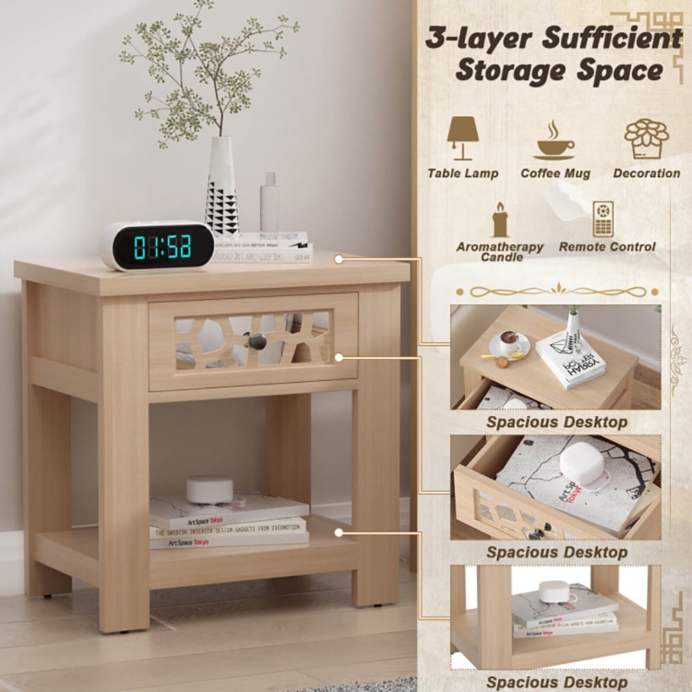 Finihen End Table, Wood Retro End Table with Mirrored Glass Drawer and Open Storage Shelf, Sofa Side Table, Bed Side Table, for Living Room, Bedroom, Natural Finihen End Table, Wood Retro End Table with Mirrored Glass Drawer and Open Storage Shelf, Sofa Side Table, Bed Side Table, for Living Room, Bedroom, Natural