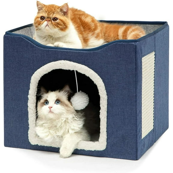 HDJ Cat Bed for Indoor Cats with Scratching Pad and Plush Ball, Pet, 6.5x16.5x14 Inches, Blue