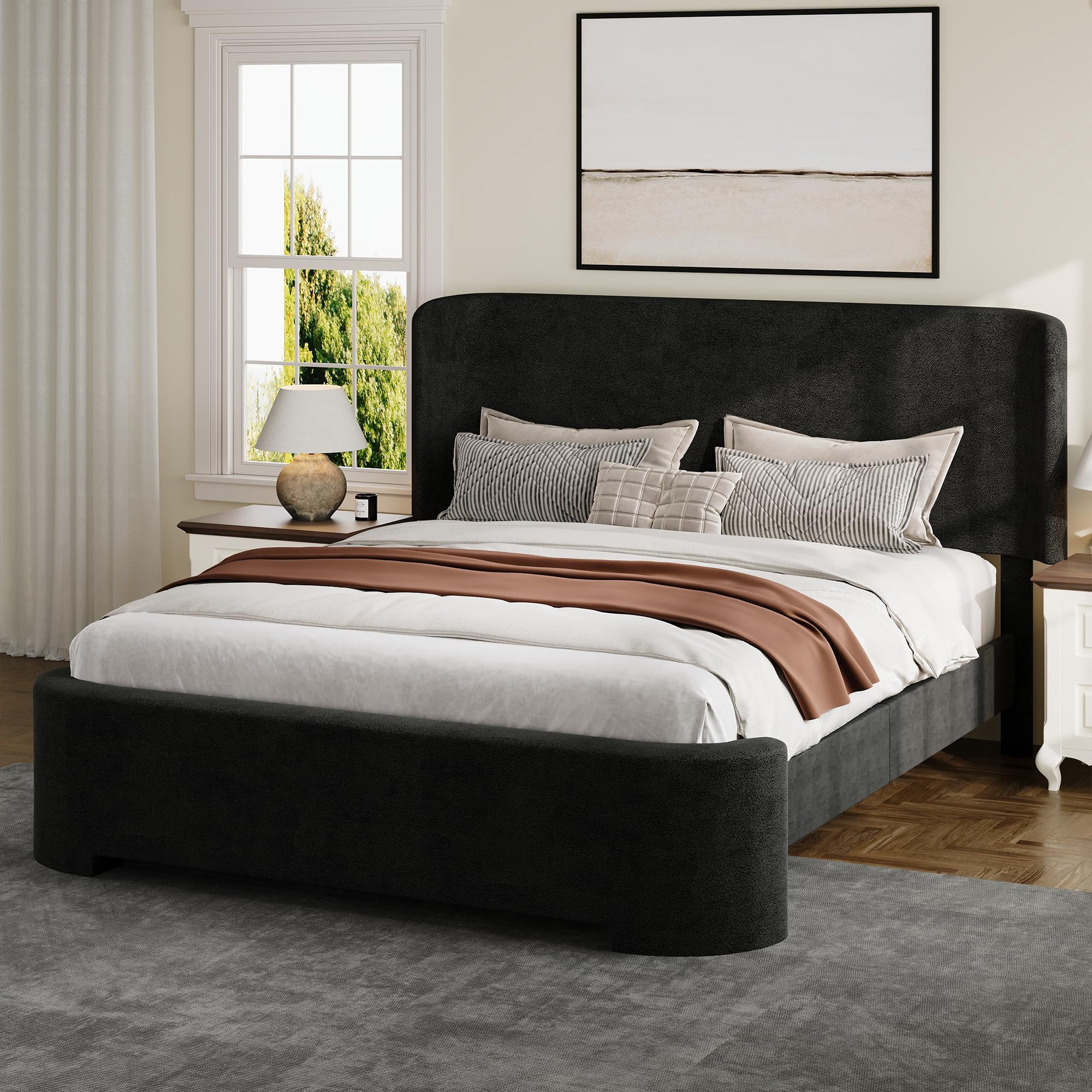 4 Ever Winner Full Size Velvet Bed Frame, Curved Upholstered Platform Bed with Curved Headboard & Footboard, No Box Spring Needed, Noise-Free Modern Bed Frame for Bedroom, Black