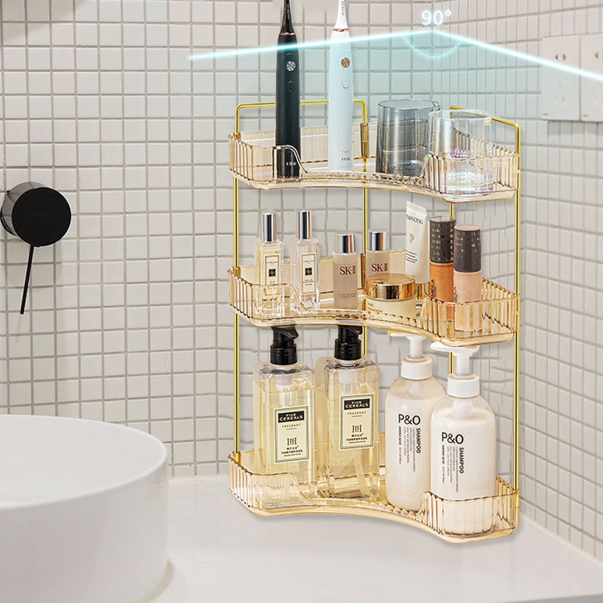 Logianis 3-Tier Bathroom Corner Organizer Countertop Organizer Countertop Storage Vanity Trays Gold