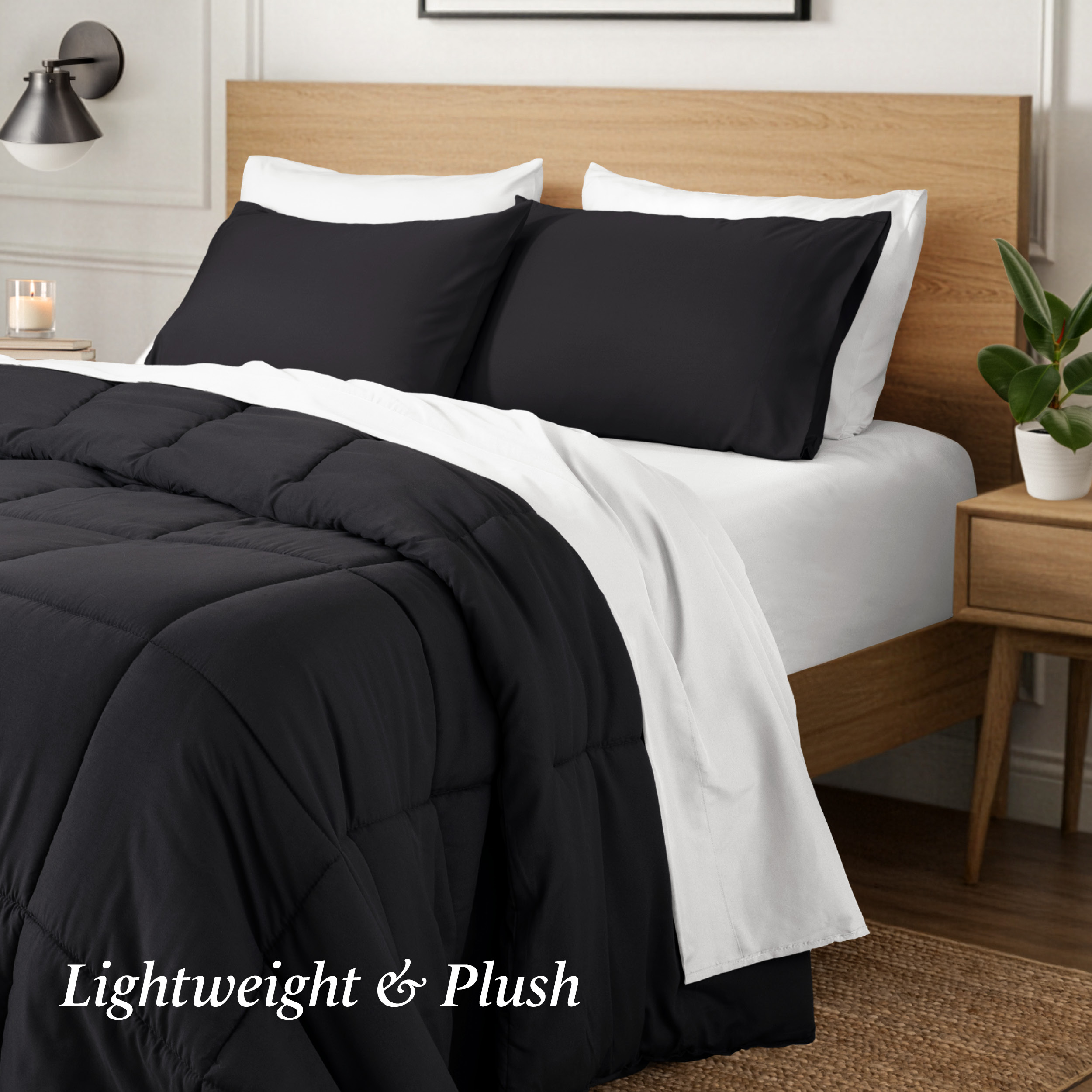 Ivy Union Comforter Set - Box Stitch - Easy Care Ultra-Soft Microfiber - All Season Warmth - Bedding Comforter - King - Black