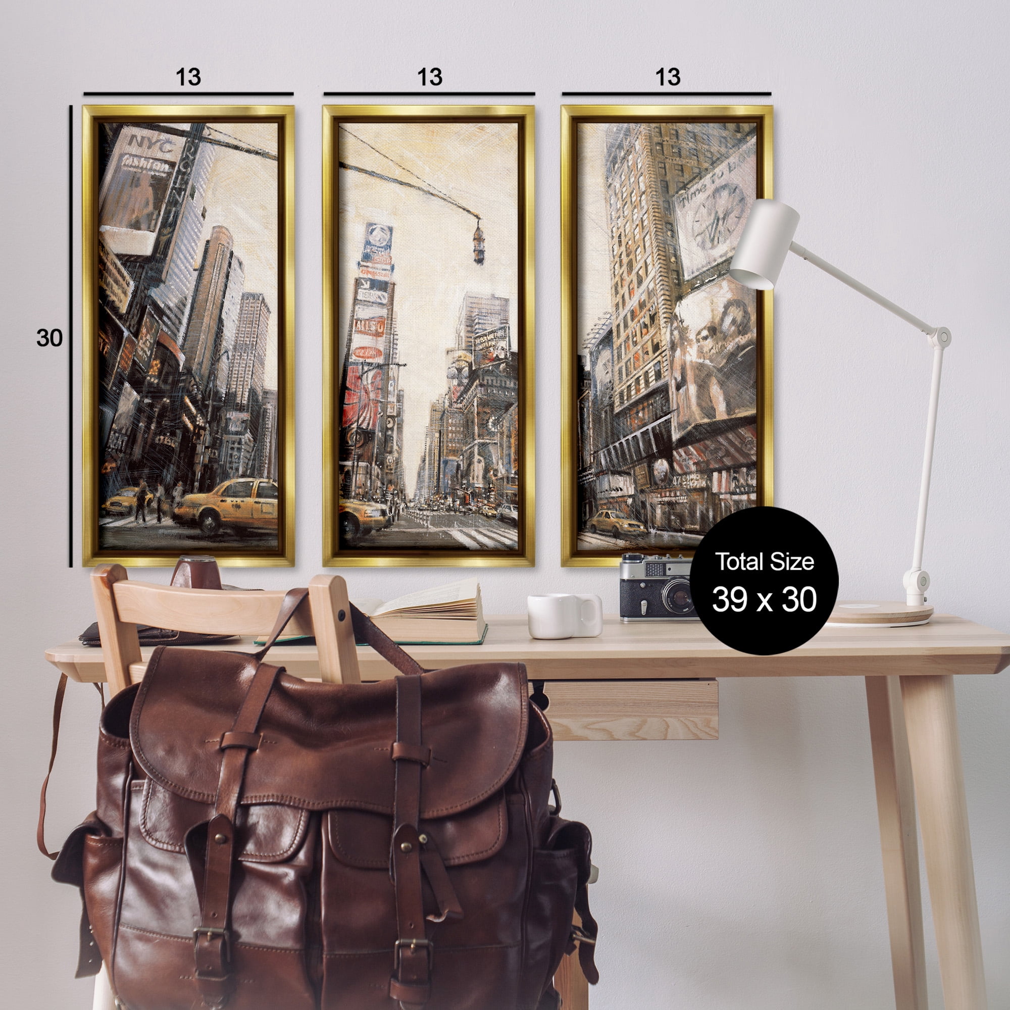 Stupell Industries New York City Streets Buildings Transportation Painting Gold Floater Framed Canvas Art Print Wall Art, 15 x 31, Set of 3