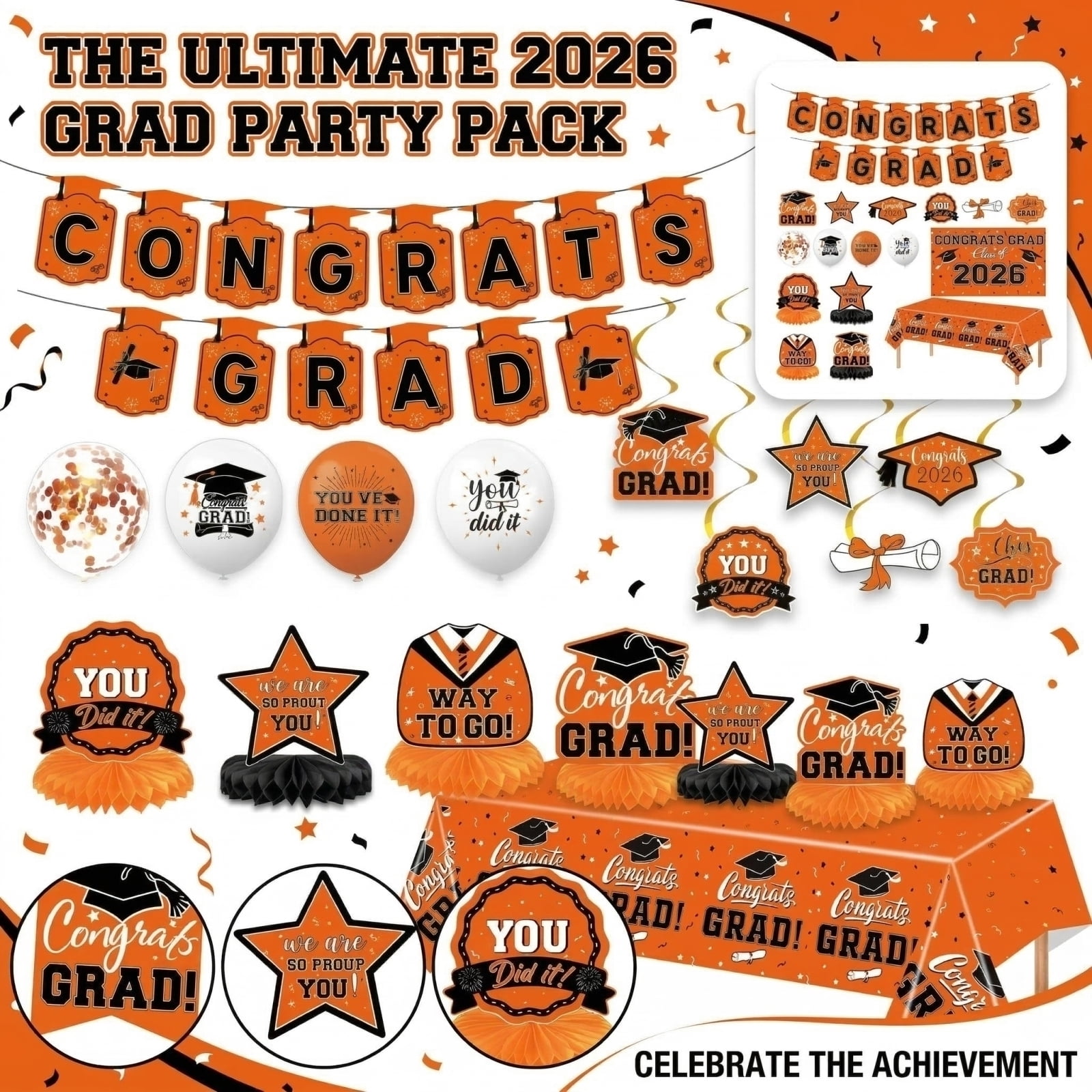 Grad Party Decorations, Graduation Cap Decorations Kit, 46 Pc, Orange and Black Graduation Decorations, Congrats Grad Banner, 2026 Graduation Table Decorations, College