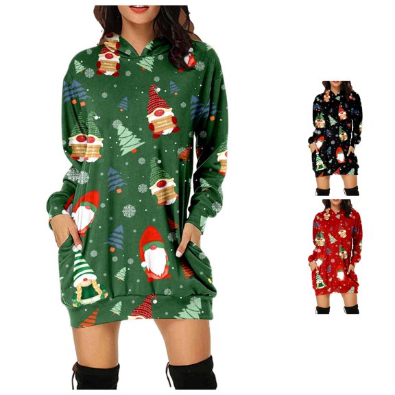Tanghaowl Women's Sweatshirt Christmas Print Long Hoodie Casual Hoodie Dress for Holiday Comfort and Style Green M
