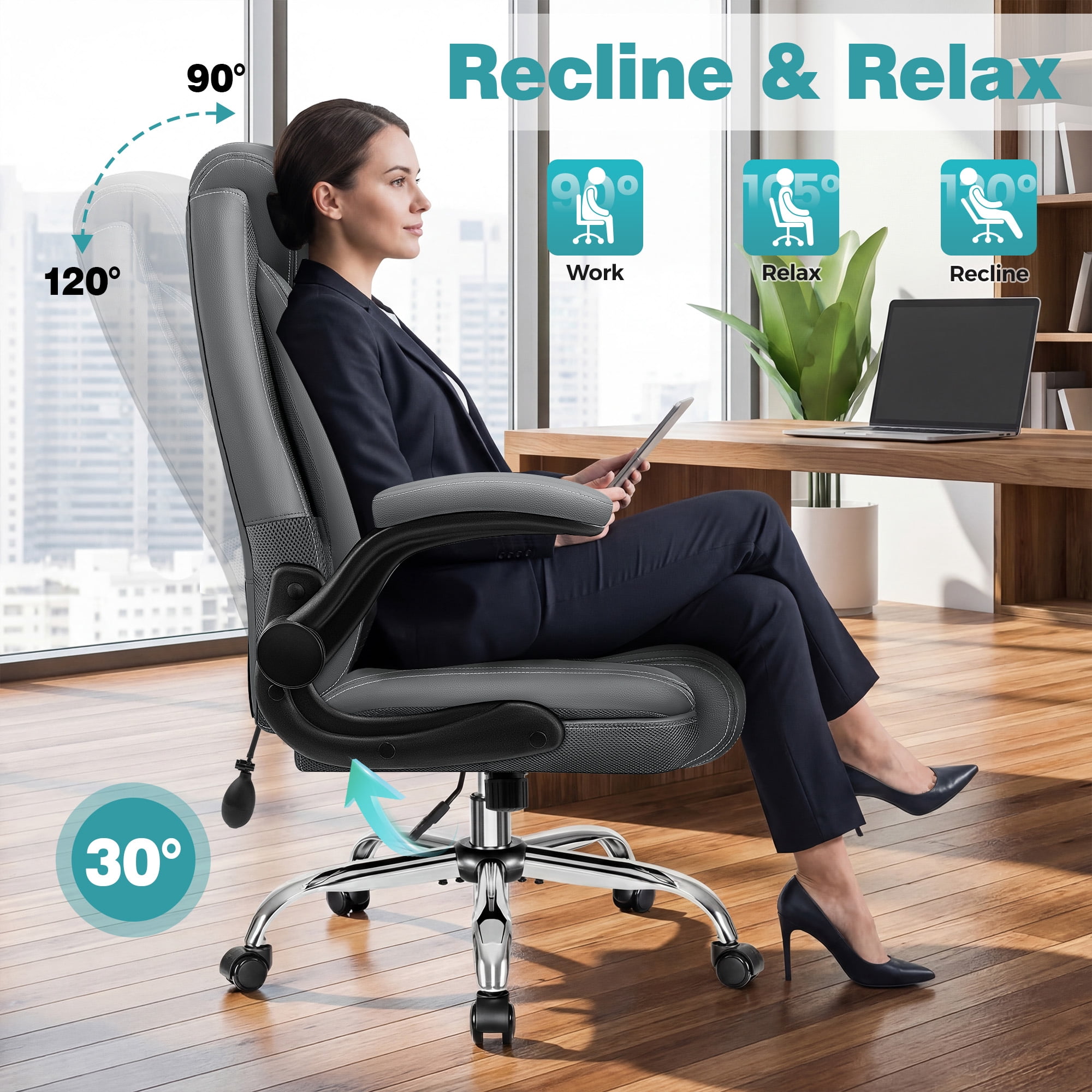 ATHOPE Leather Office Chair, Executive Desk Chairs with Flip-up Padded Armrests, Big and Tall Office Chair with Wheels, Ergonomic Computer Chair with Lumbar Support for Home Office, Gray