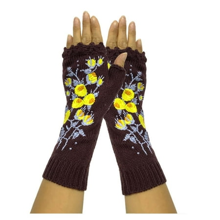 

Dadaria Winter Gloves Autumn Winter Casual Floral Pattern Embroidery Knitted Sweet Gloves Dark Purple Women