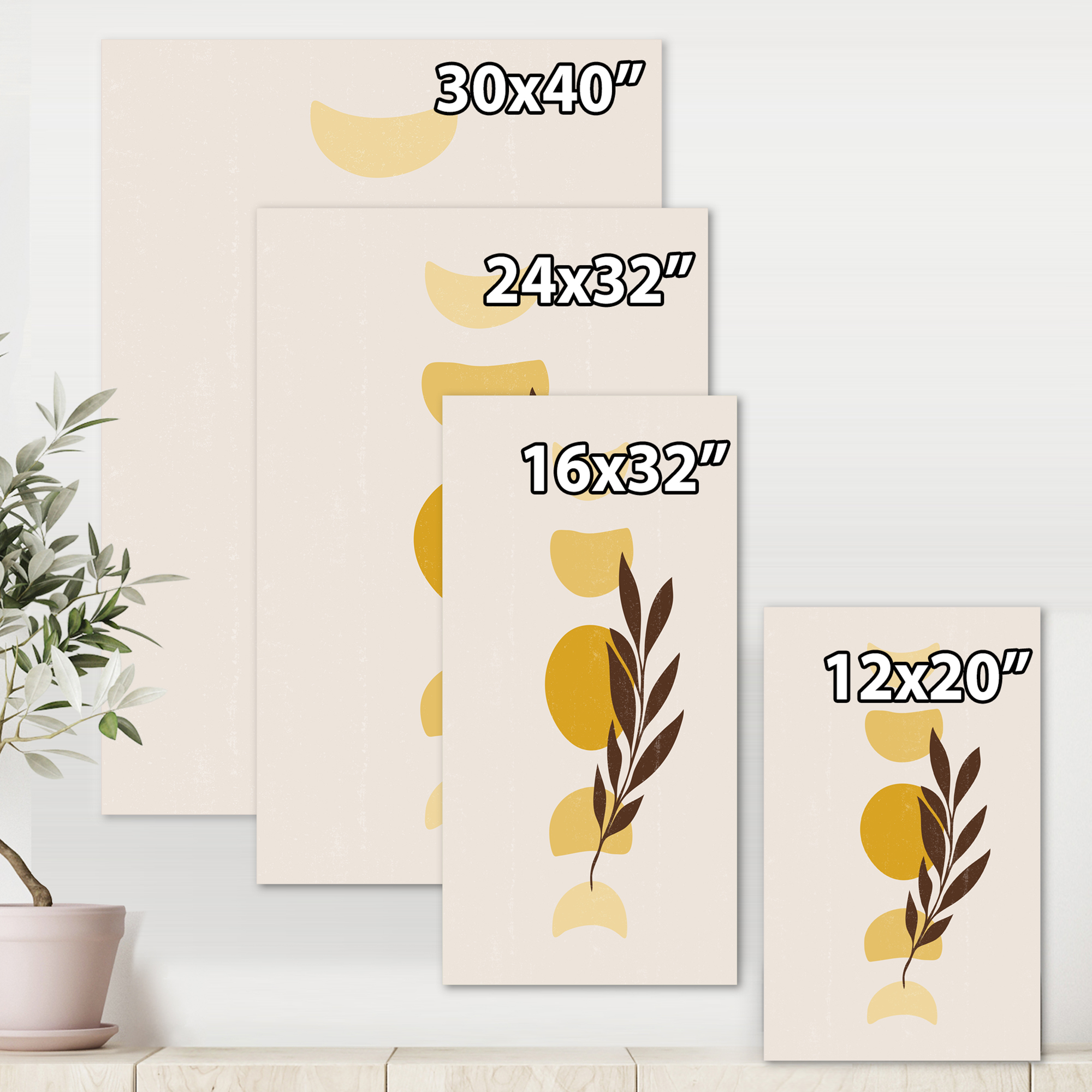Abstract Geometrical Moon and Sun With Leaf VII 8 in x 12 in Painting Canvas Art Print, by Designart