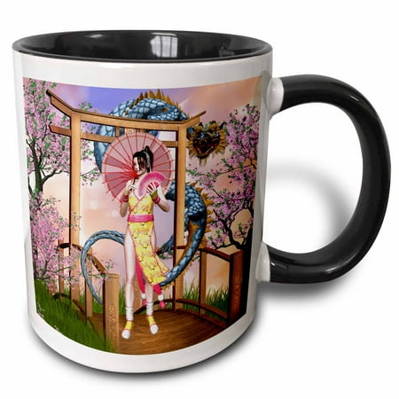 3dRose A geisha walking through the Japanese garden with a dragon - Two Tone Black Mug,