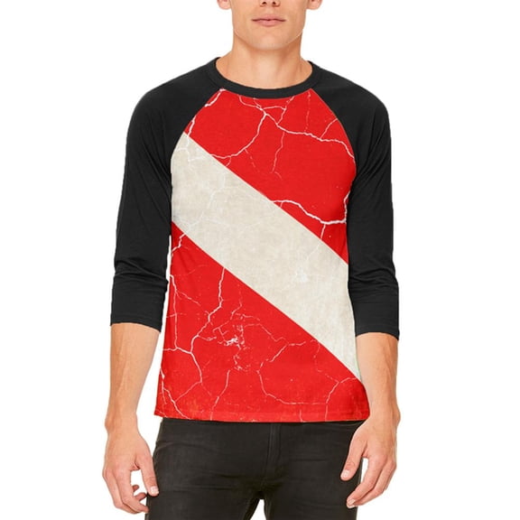 Diver Down Distressed Weathered Flag Mens Raglan T Shirt White-Black X-LG