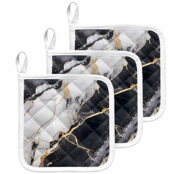 Marble Black Pot Holders for Kitchen Heatproof Potholder, 3 Pack Abstract Gold White Brick Stone Motif Hot Pads Multipurpose Oven Pads Cloth Potholders Trivet for Cooking Baking