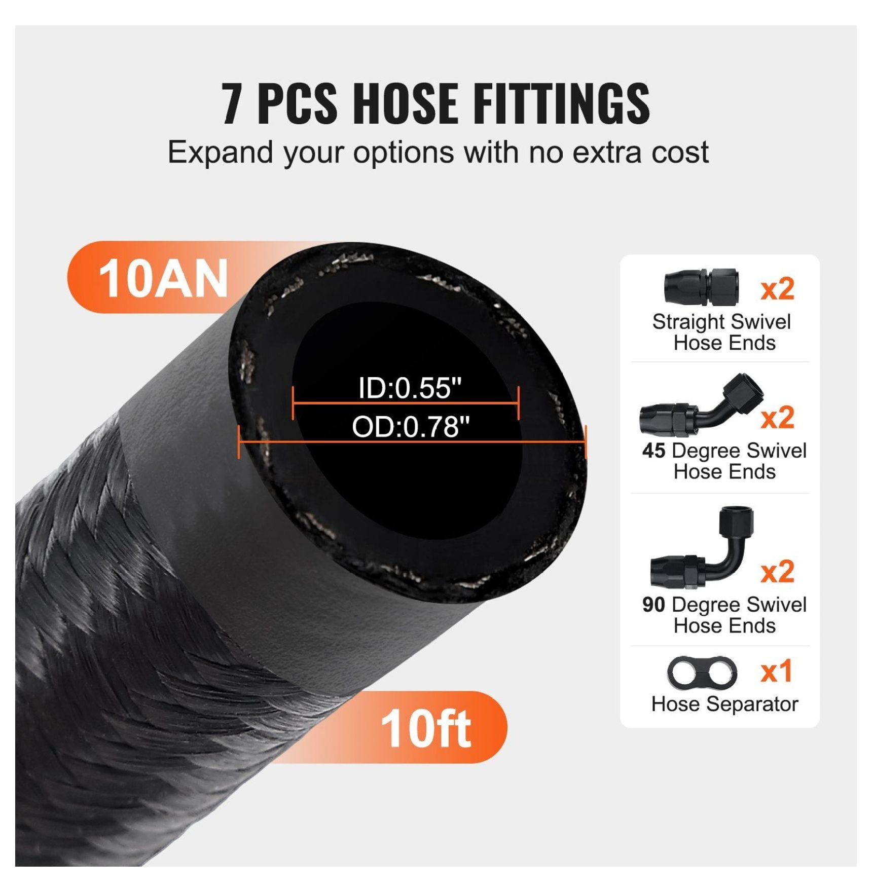 10AN Fuel Line Kit, 10ft Braided Fuel Hose, 0.55" Fuel Line with 7 Fittings, Oil/Gas/Diesel Compatible, Stainless Steel, Black