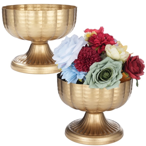 2 PCS Distressed Golden Compote Vase, Vintage Metal Compote Bowl 8 in Wide with Pedestal Base, Antique Style Decorative Urn Planter for Wedding Centerpieces Table Decor Indoor Outdoor Events