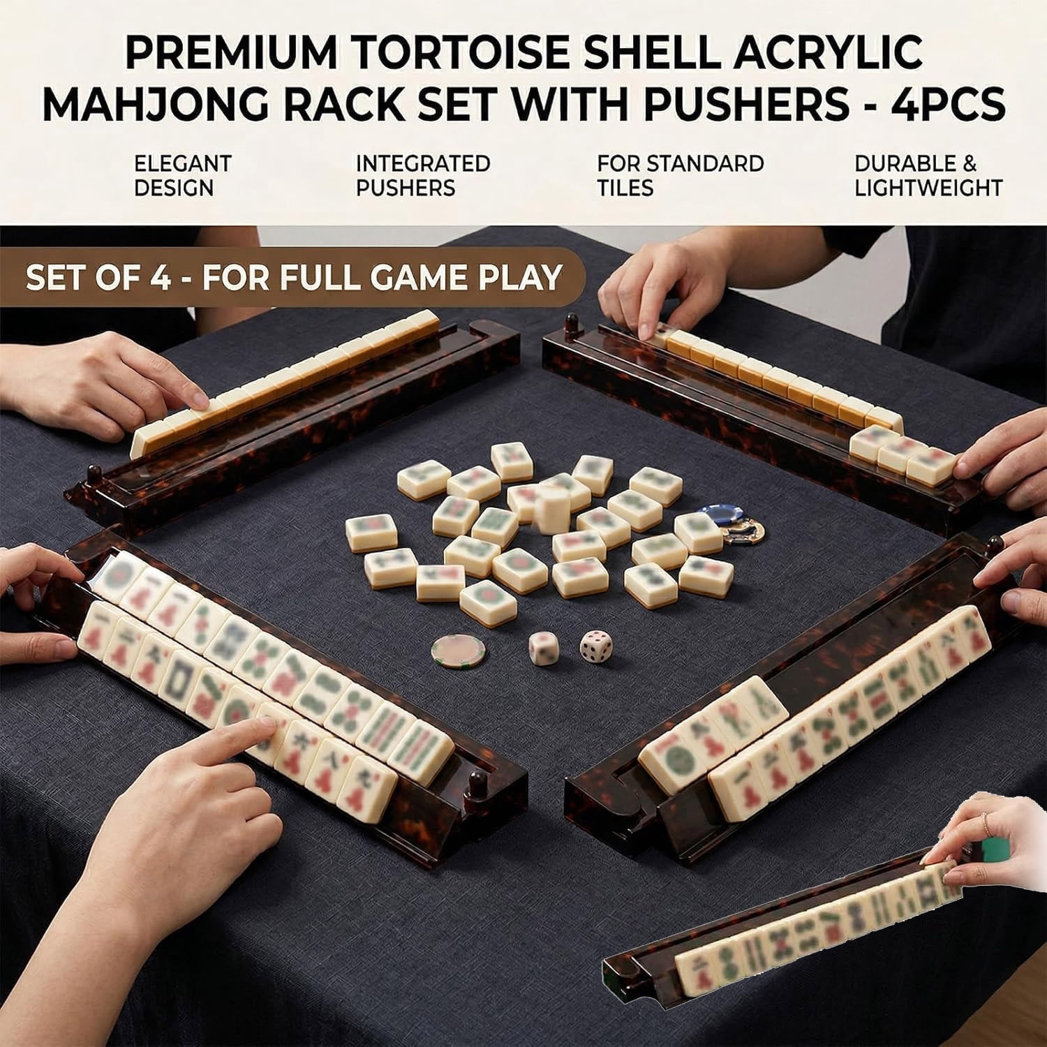 Tortoise Shell Mahjong Racks with Pushers, 17.5 Inch Extended Acrylic Majiang Tile Holder Set of 4, Non-Slip American Style Tabletop Accessories for Daily Tile Building (4PCS)