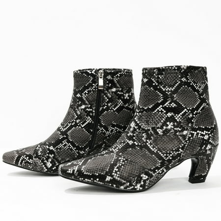

Women‘s Snakeskin Print Ankle Boots French Heel Pointed Toe Zipper Short Shoes Chunky Heel Booties