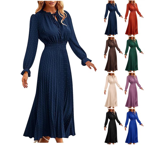 Umfun Women's Elegant Smocked Waist Long Sleeve Pleated Maxi Dress with Tie Neck Detail - Fall Winter Flowy A-Line Silhouette for Vacation Travel and Evening Party Wear
