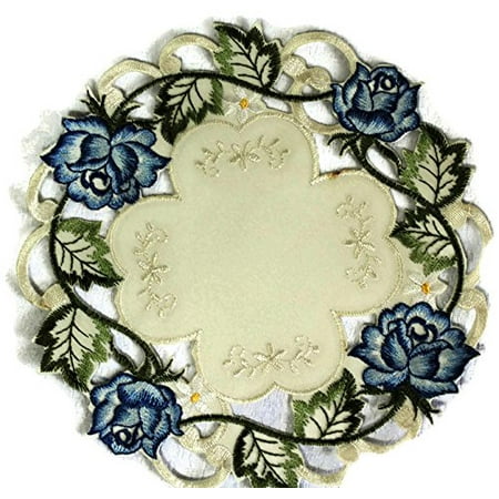 Doily Boutique Round Doily Embroidered with Victorian Blue Roses and Ivory Fabric, Size 23 inches