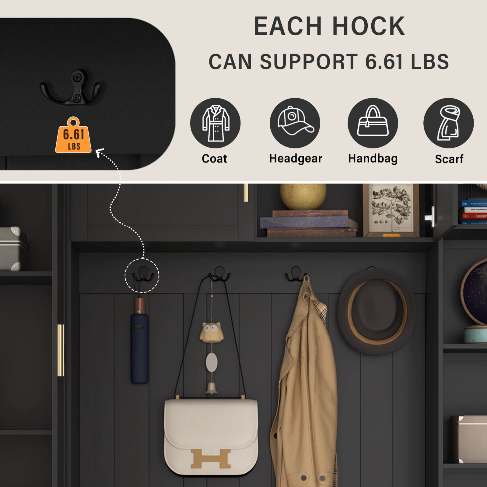 94"W 4-in-1 Entryway Hall Tree with Padded Bench, Coat Rack with 4 Hooks, Adjustable Storage Shelves & Cabinet, Large Mudroom Organizer for Hallway Living Room, Antique Black