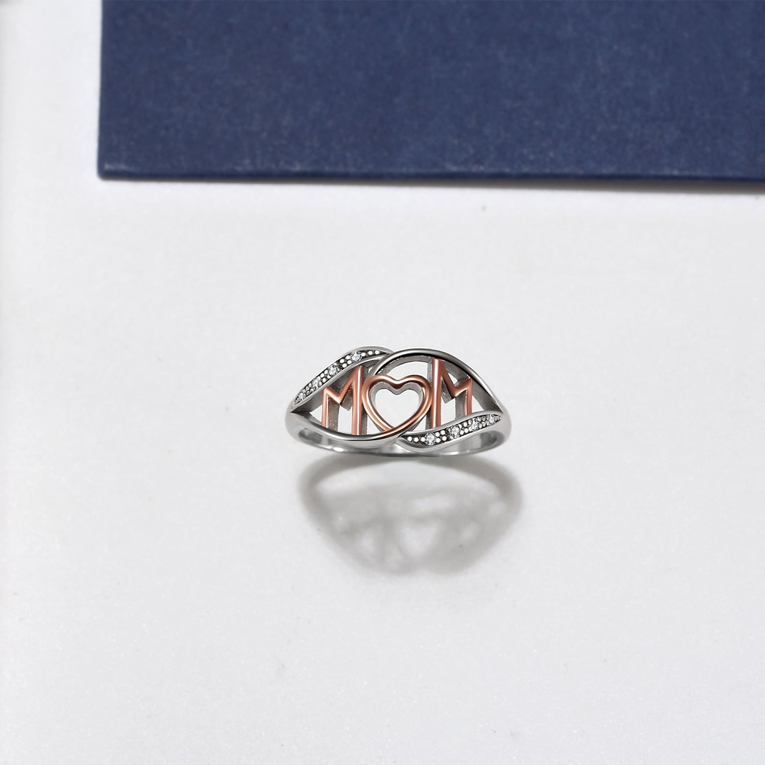 Mom Heart Ring White and Rose Gold Plated Sterling Silver Womens Ginger Lyne Collection