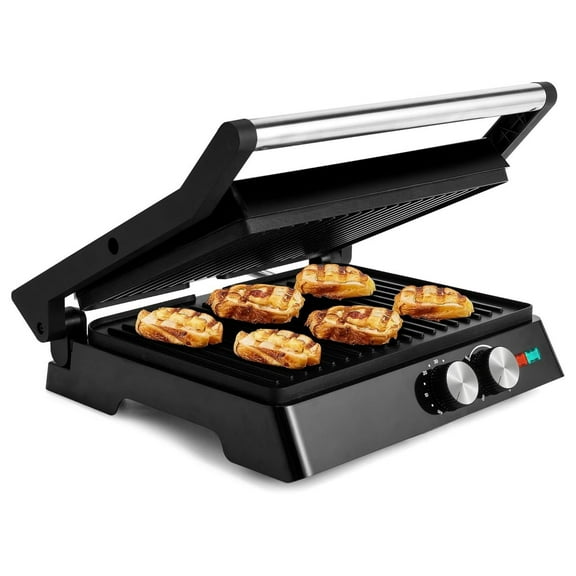 2in1 Panini Press Sandwich Maker and Electric Indoor Grill with Temperature Time Setting, Easy Clean Nonstick Grids, Opens 180°/105° to Fit Any Type or Size of Food, Homemade BBQ,1400W, Black
